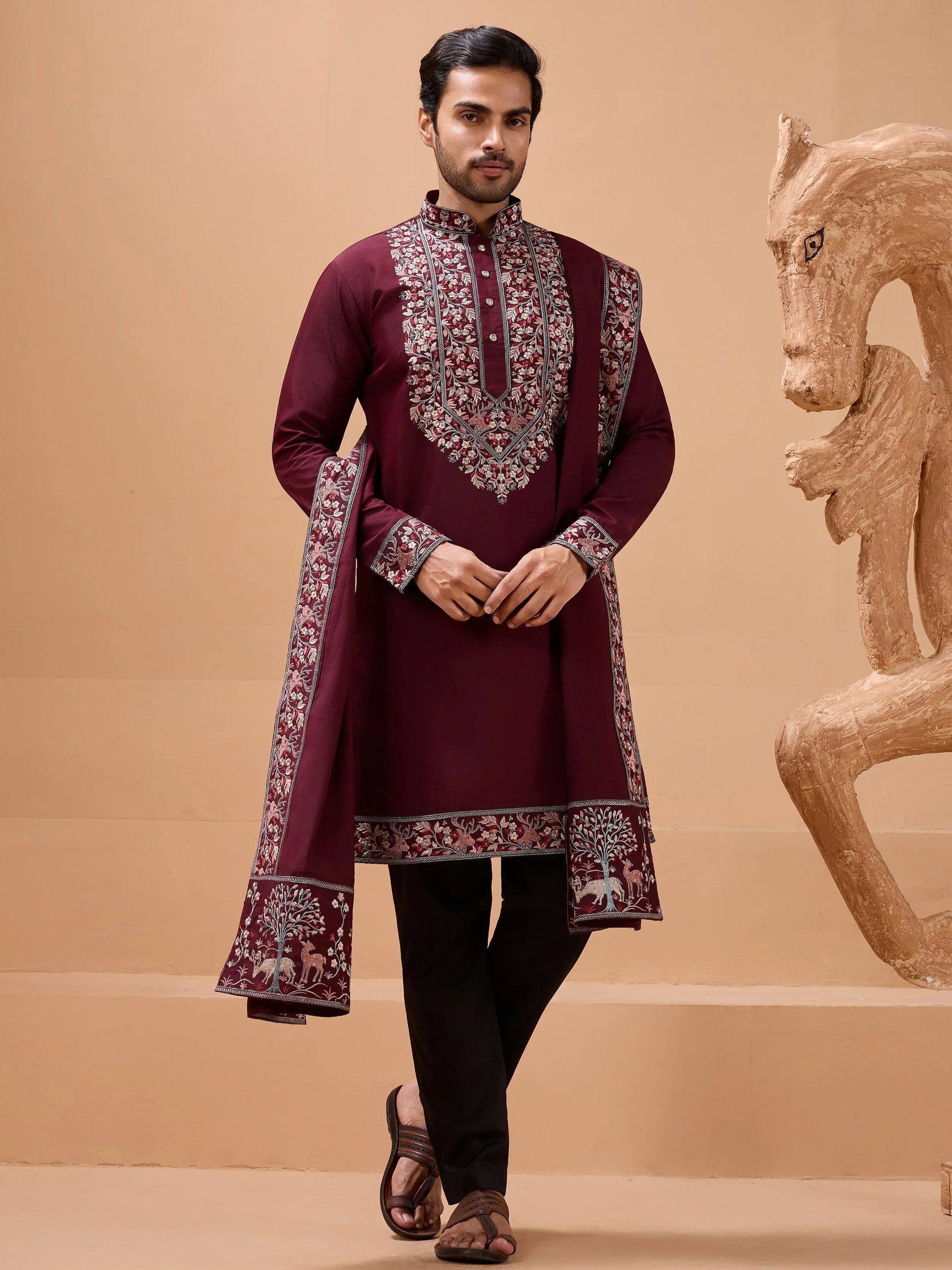 Lovely Maroon Thread Embroidered Viscose Silk Groom Wear Men's Kurta Set With Dupatta