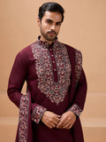 Lovely Maroon Thread Embroidered Viscose Silk Groom Wear Men's Kurta Set With Dupatta