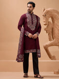 Lovely Maroon Thread Embroidered Viscose Silk Groom Wear Men's Kurta Set With Dupatta