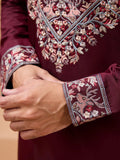 Lovely Maroon Thread Embroidered Viscose Silk Groom Wear Men's Kurta Set With Dupatta