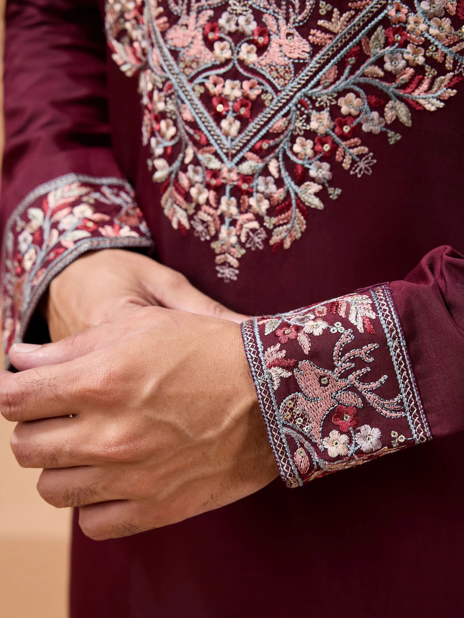 Lovely Maroon Thread Embroidered Viscose Silk Groom Wear Men's Kurta Set With Dupatta