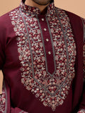 Lovely Maroon Thread Embroidered Viscose Silk Groom Wear Men's Kurta Set With Dupatta