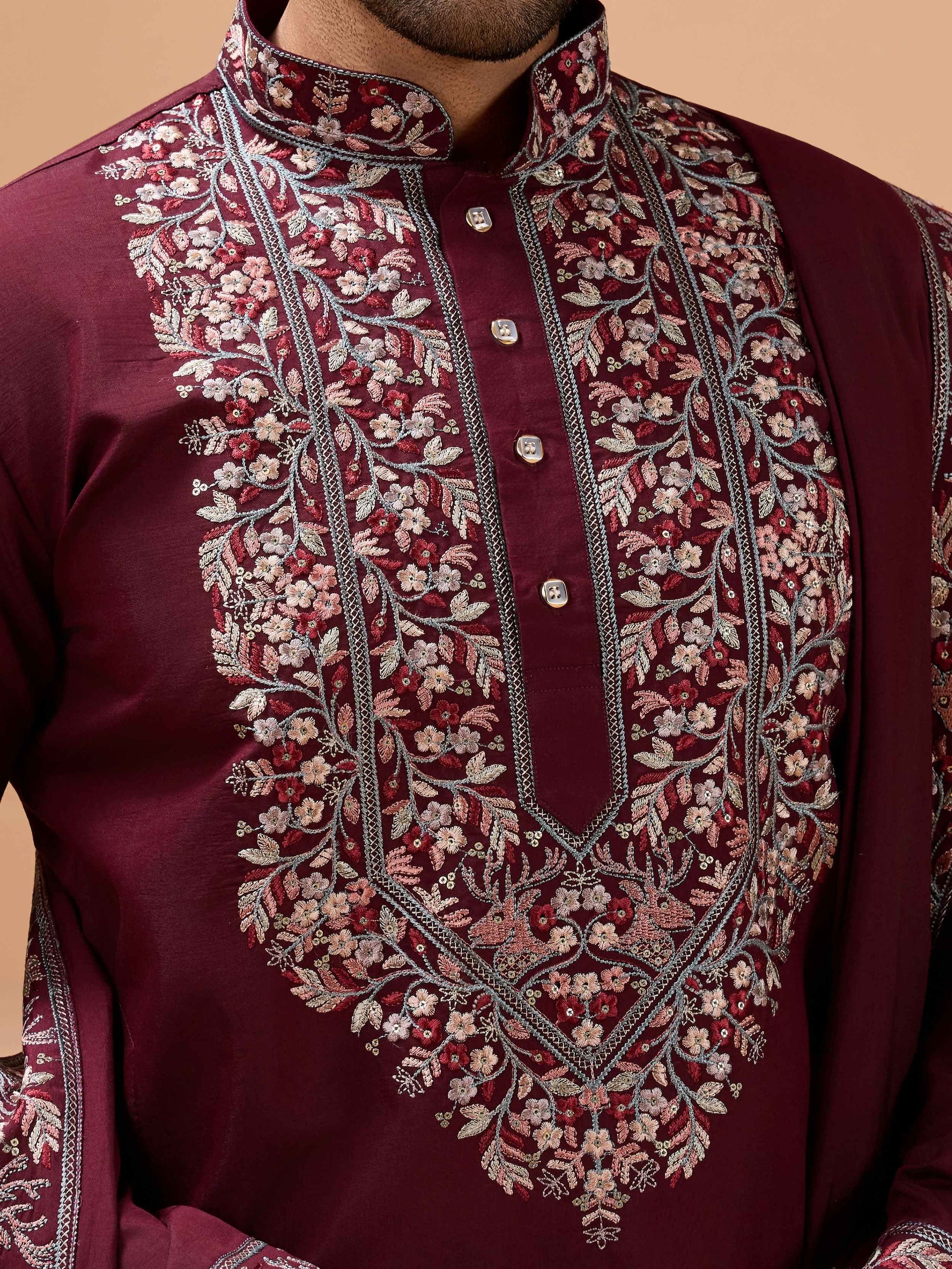 Lovely Maroon Thread Embroidered Viscose Silk Groom Wear Men's Kurta Set With Dupatta