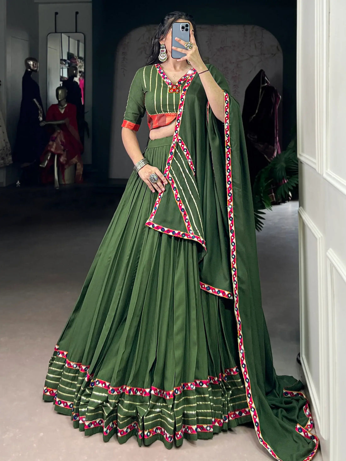 Lovely Mehendi Green Gamthi Work Rayon Navratri Wear Lehenga Choli With Dupatta - Zeel Clothing