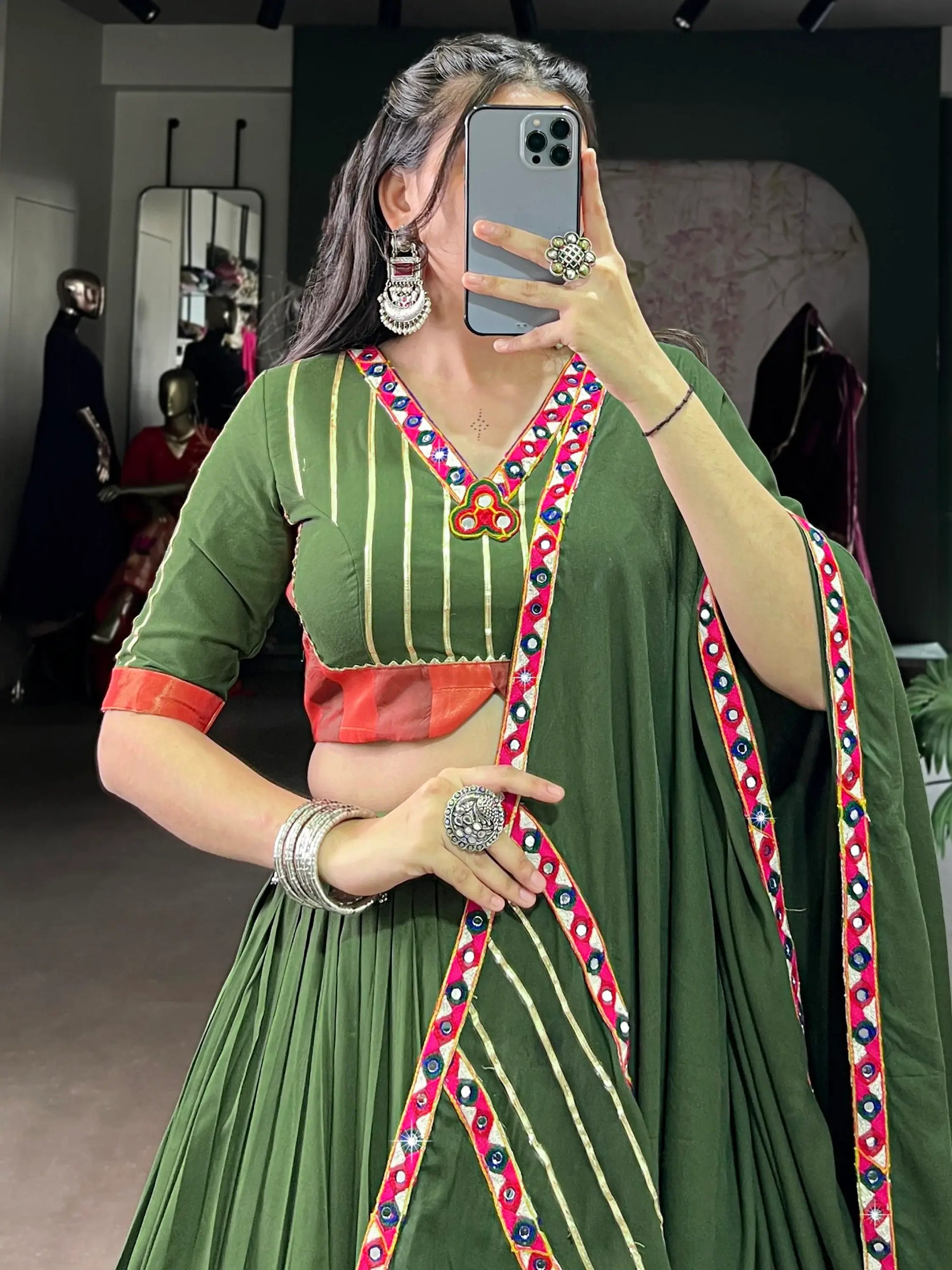 Lovely Mehendi Green Gamthi Work Rayon Navratri Wear Lehenga Choli With Dupatta - Zeel Clothing