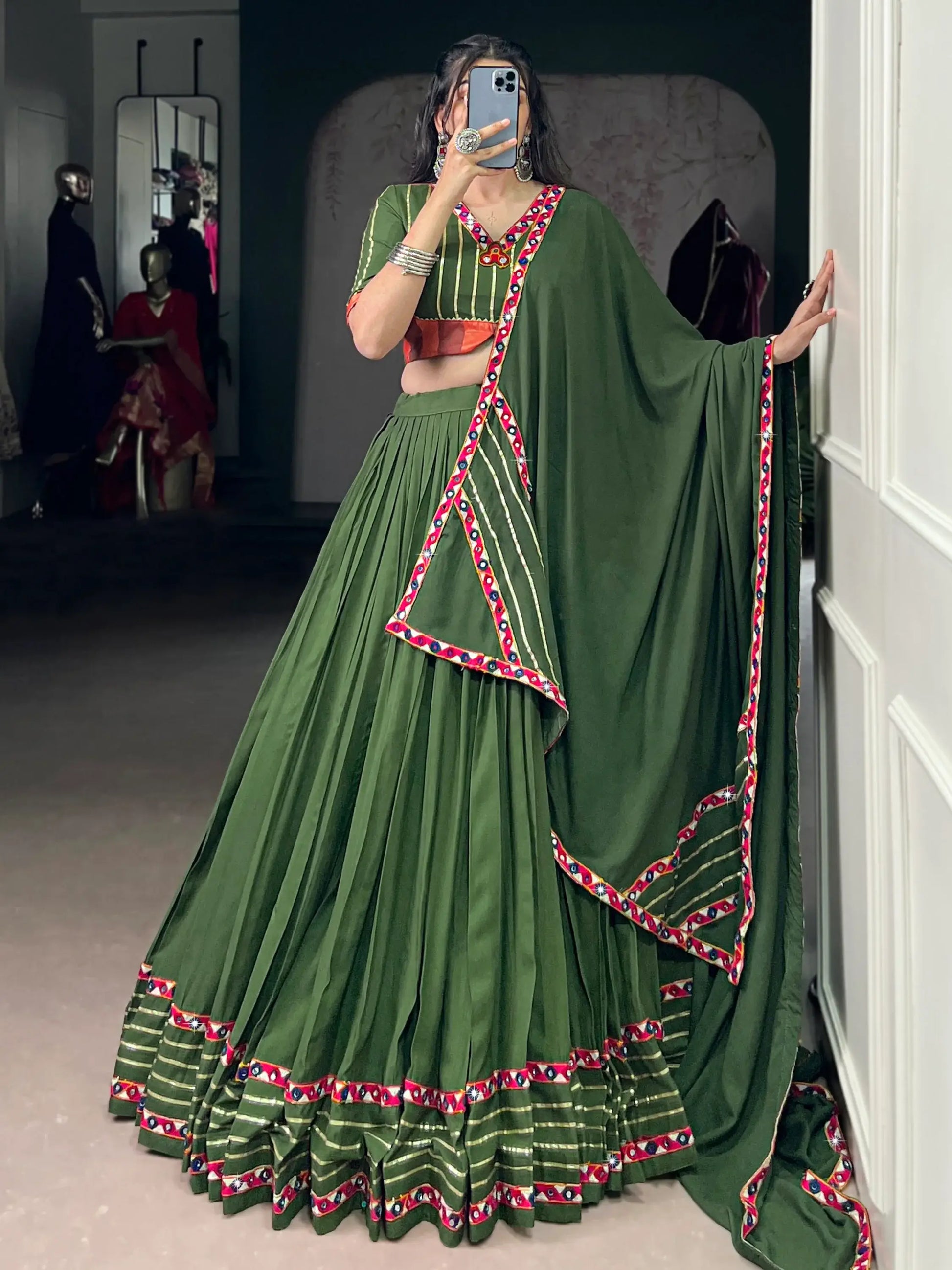 Lovely Mehendi Green Gamthi Work Rayon Navratri Wear Lehenga Choli With Dupatta - Zeel Clothing