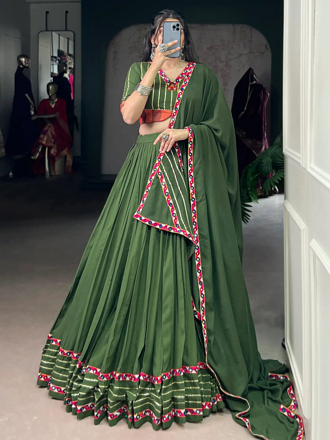 Lovely Mehendi Green Gamthi Work Rayon Navratri Wear Lehenga Choli With Dupatta - Zeel Clothing