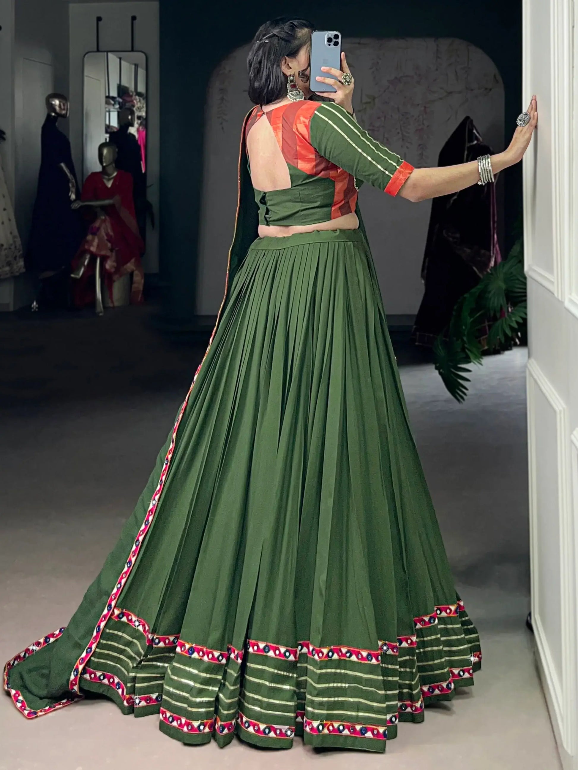 Lovely Mehendi Green Gamthi Work Rayon Navratri Wear Lehenga Choli With Dupatta - Zeel Clothing