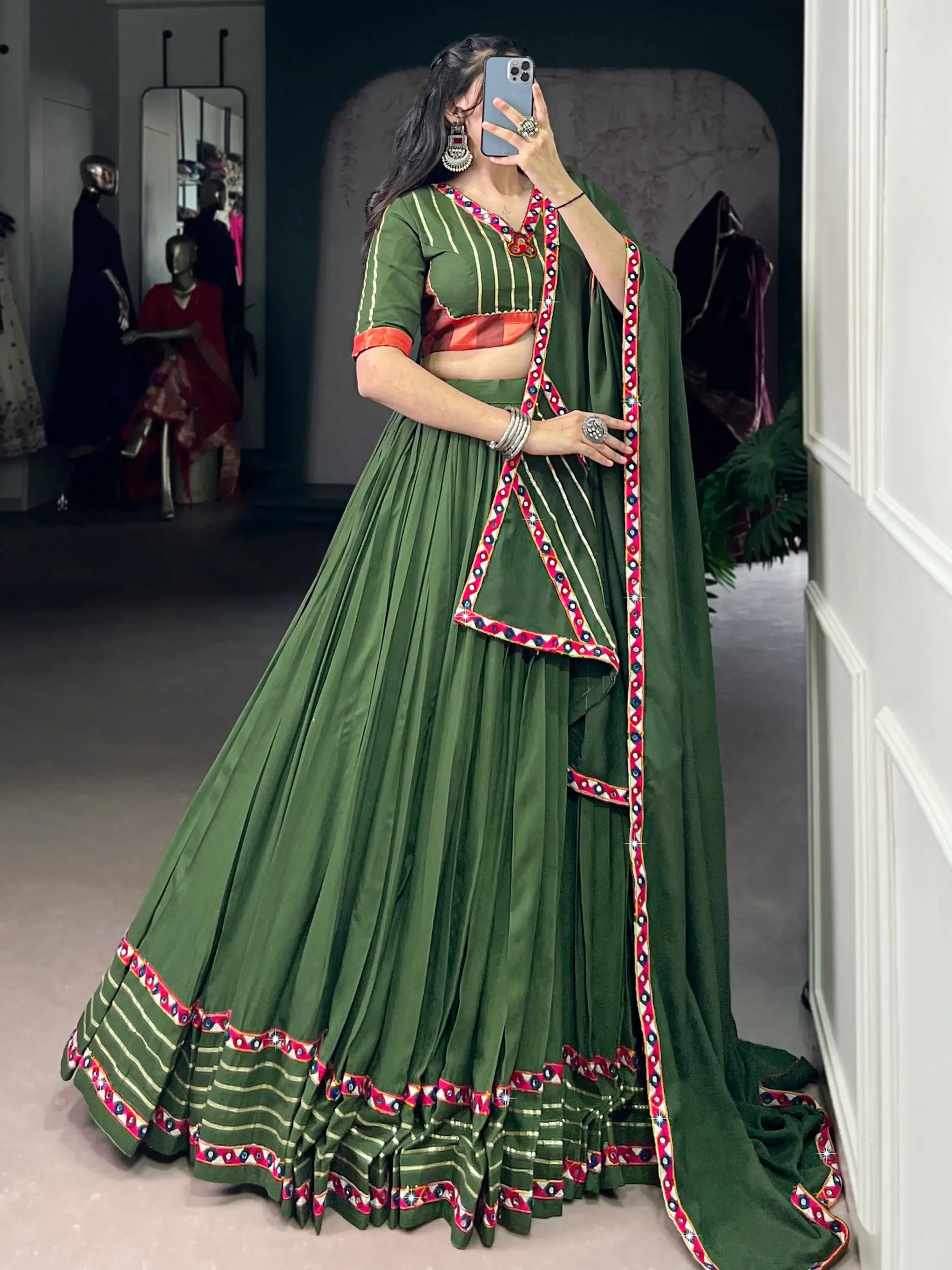 Lovely Mehendi Green Gamthi Work Rayon Navratri Wear Lehenga Choli With Dupatta - Zeel Clothing