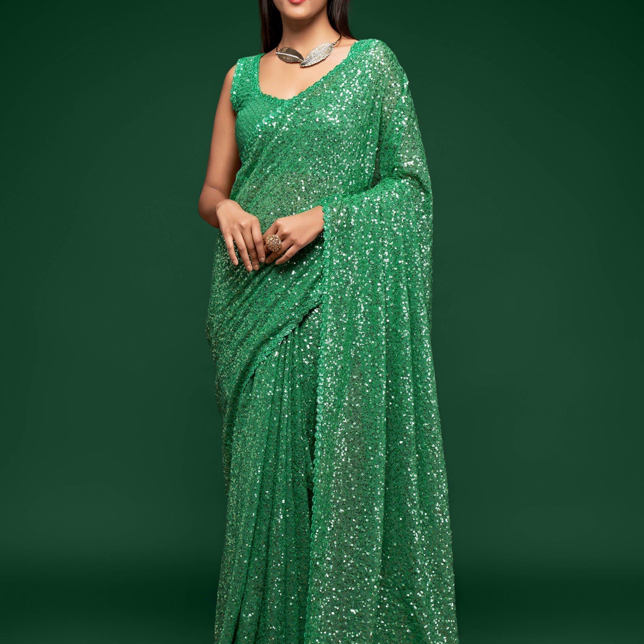 Lovely Mint Green Sequined Georgette Party Wear Saree - Zeel Clothing