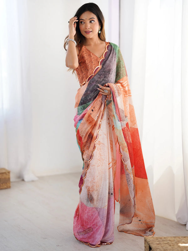 Lovely Multi-Color Digital Printed Chinon Cocktail Party Wear Saree - Zeel Clothing