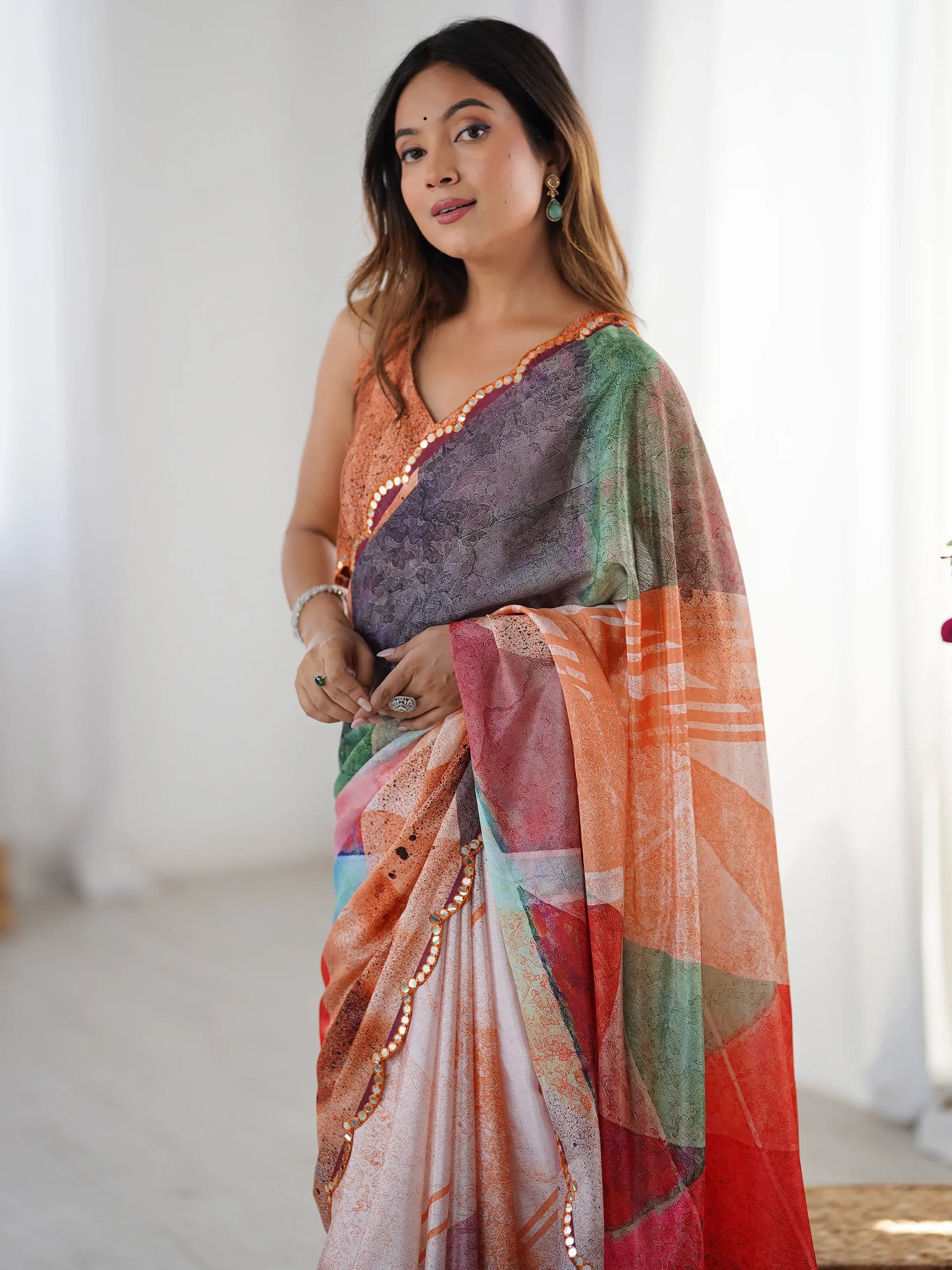 Lovely Multi-Color Digital Printed Chinon Cocktail Party Wear Saree - Zeel Clothing
