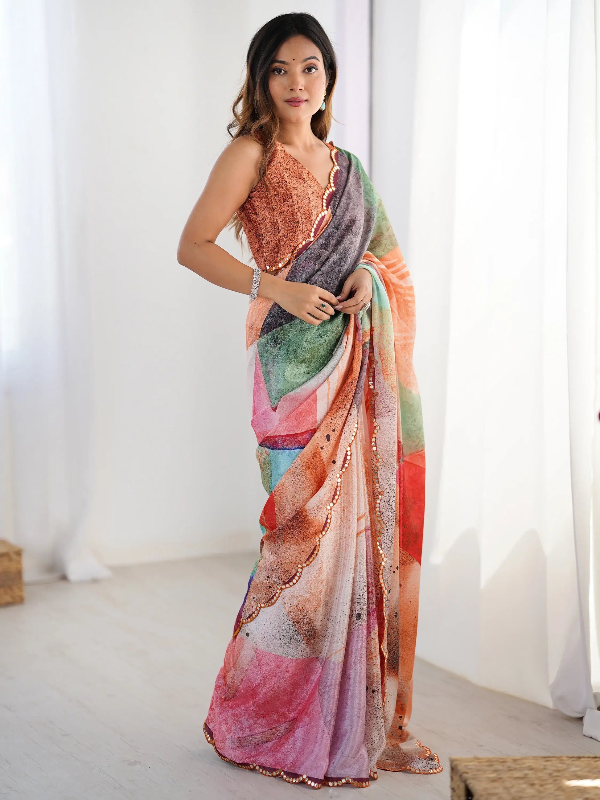 Lovely Multi-Color Digital Printed Chinon Cocktail Party Wear Saree - Zeel Clothing