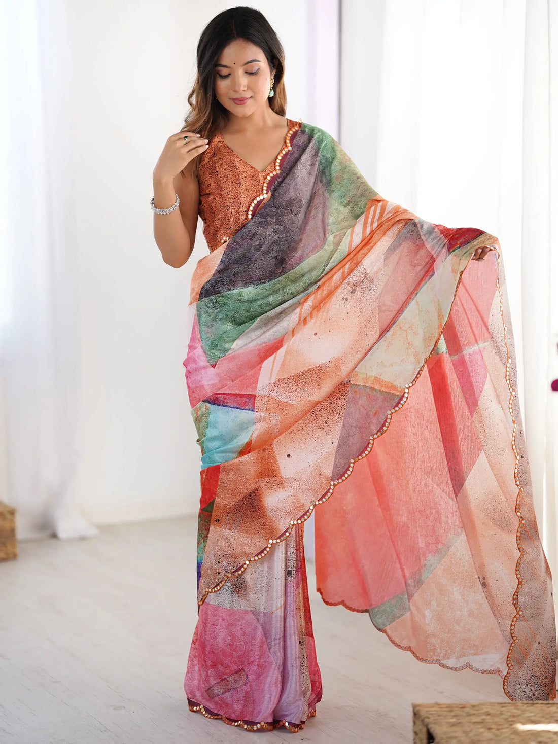 Lovely Multi-Color Digital Printed Chinon Cocktail Party Wear Saree - Zeel Clothing