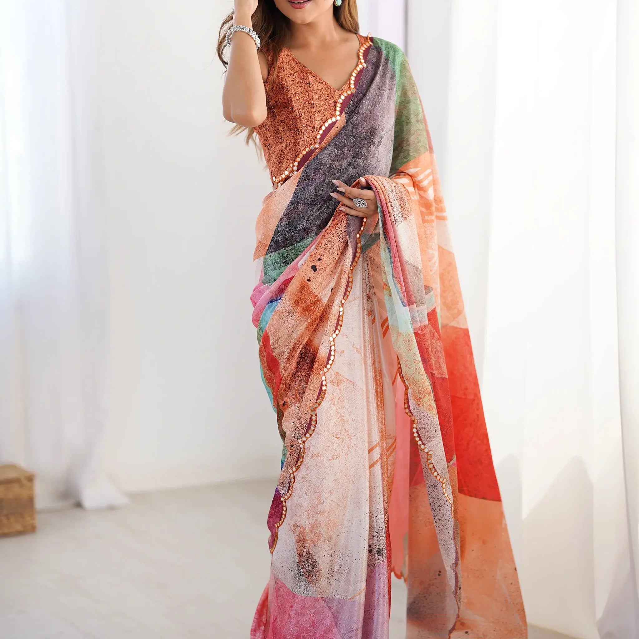 Lovely Multi-Color Digital Printed Chinon Cocktail Party Wear Saree - Zeel Clothing