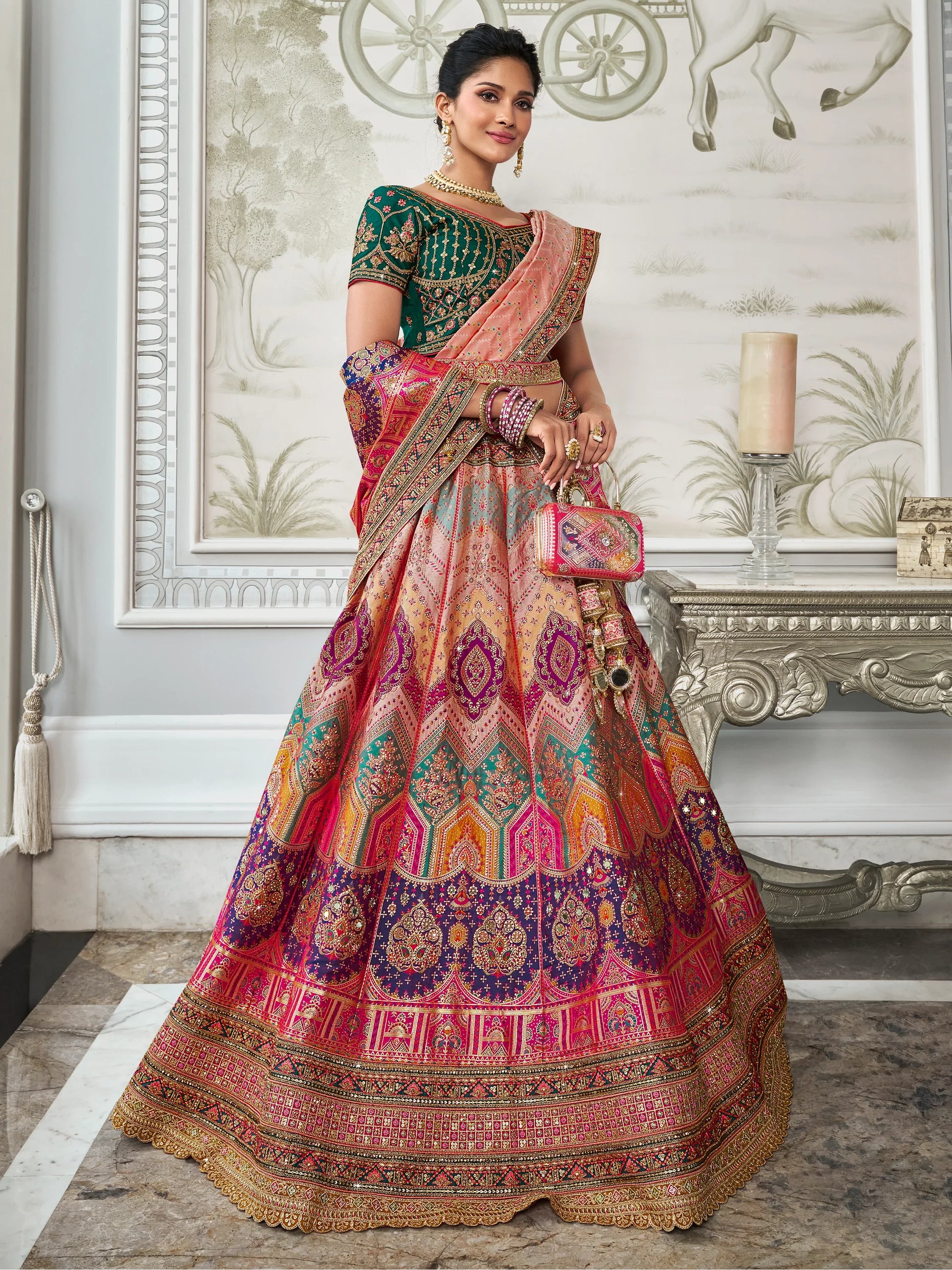 Lovely Multi-Color Zari Weaving Banarasi Silk Lehenga Choli With Dupatta - Zeel Clothing