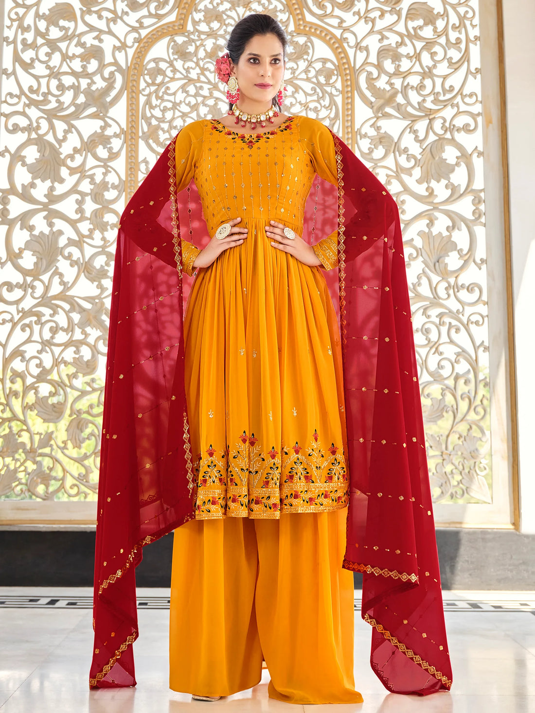 Lovely Mustard Sequins Georgette Traditional Salwar Kameez - Zeel Clothing
