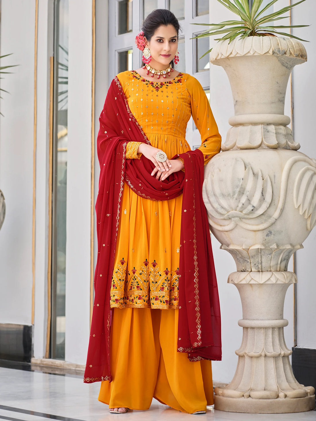 Lovely Mustard Sequins Georgette Traditional Salwar Kameez - Zeel Clothing