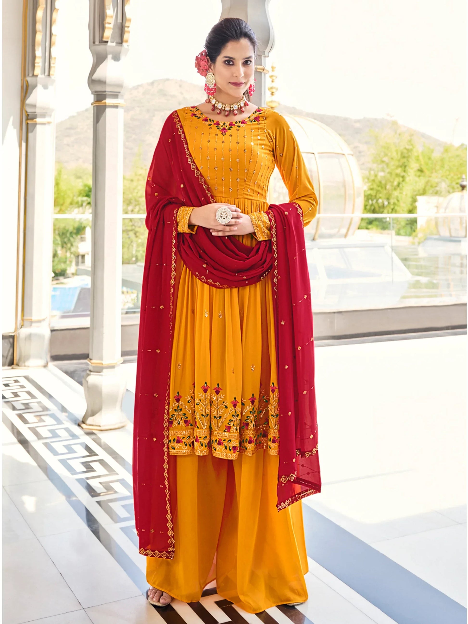 Lovely Mustard Sequins Georgette Traditional Salwar Kameez - Zeel Clothing