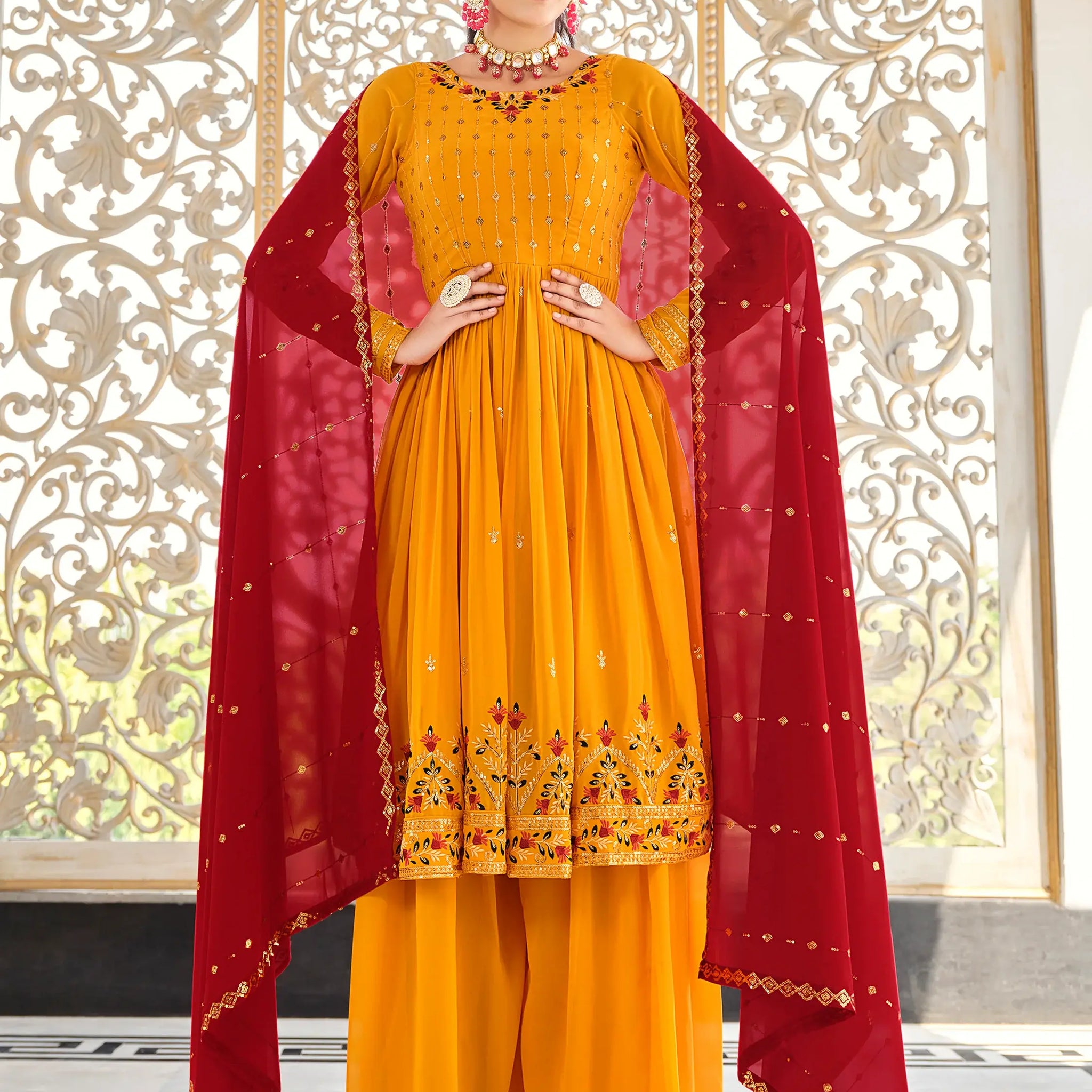 Lovely Mustard Sequins Georgette Traditional Salwar Kameez - Zeel Clothing