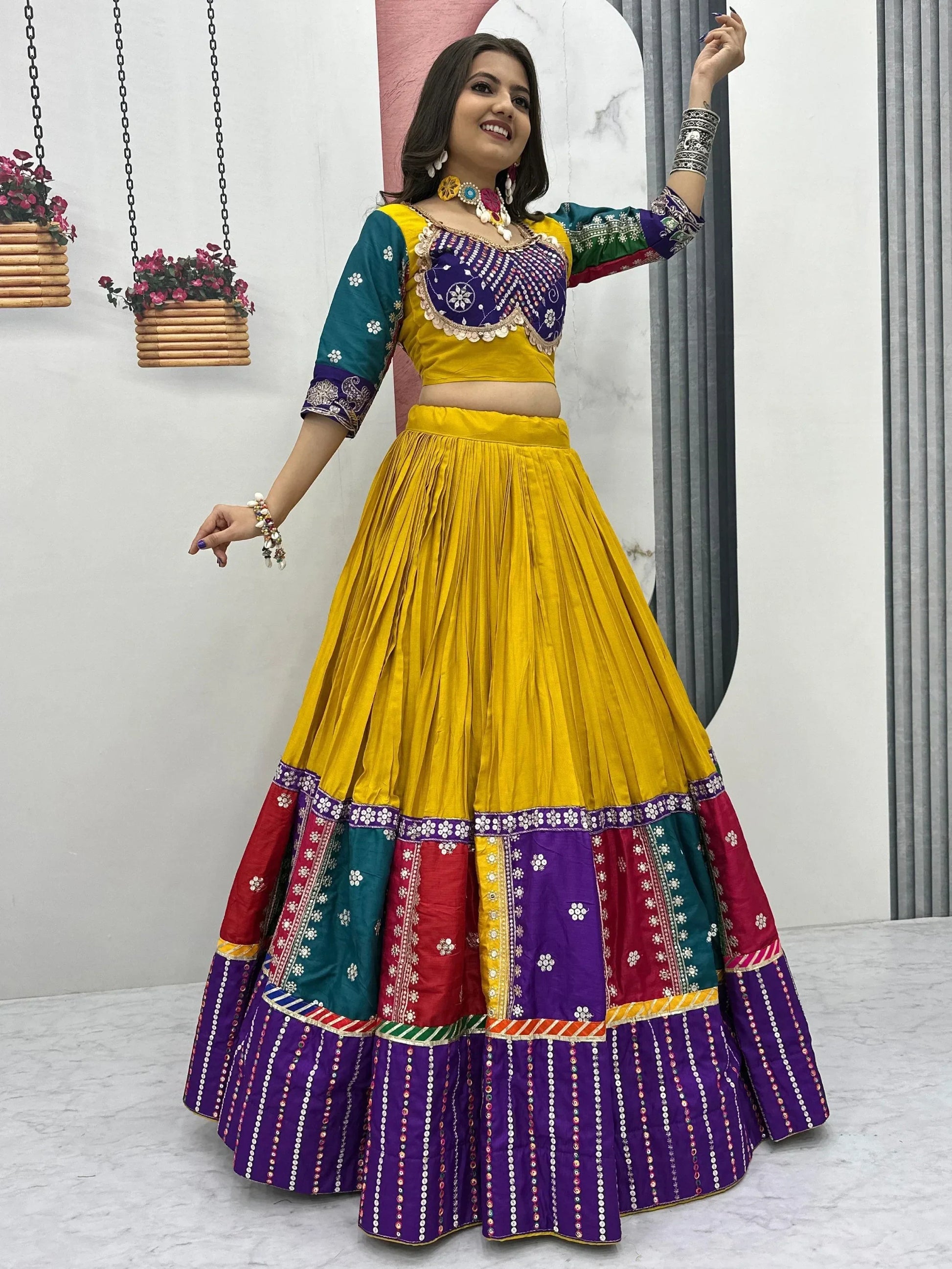 Lovely Mustard Yellow Embroidered Cotton Navratri Wear Lehenga Choli - Zeel Clothing