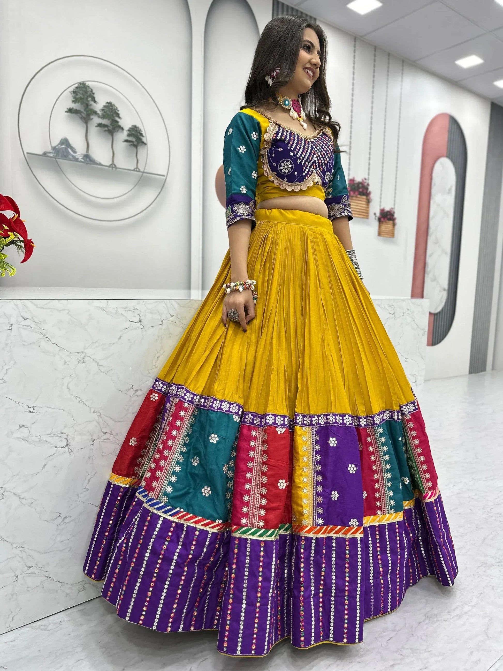 Lovely Mustard Yellow Embroidered Cotton Navratri Wear Lehenga Choli - Zeel Clothing