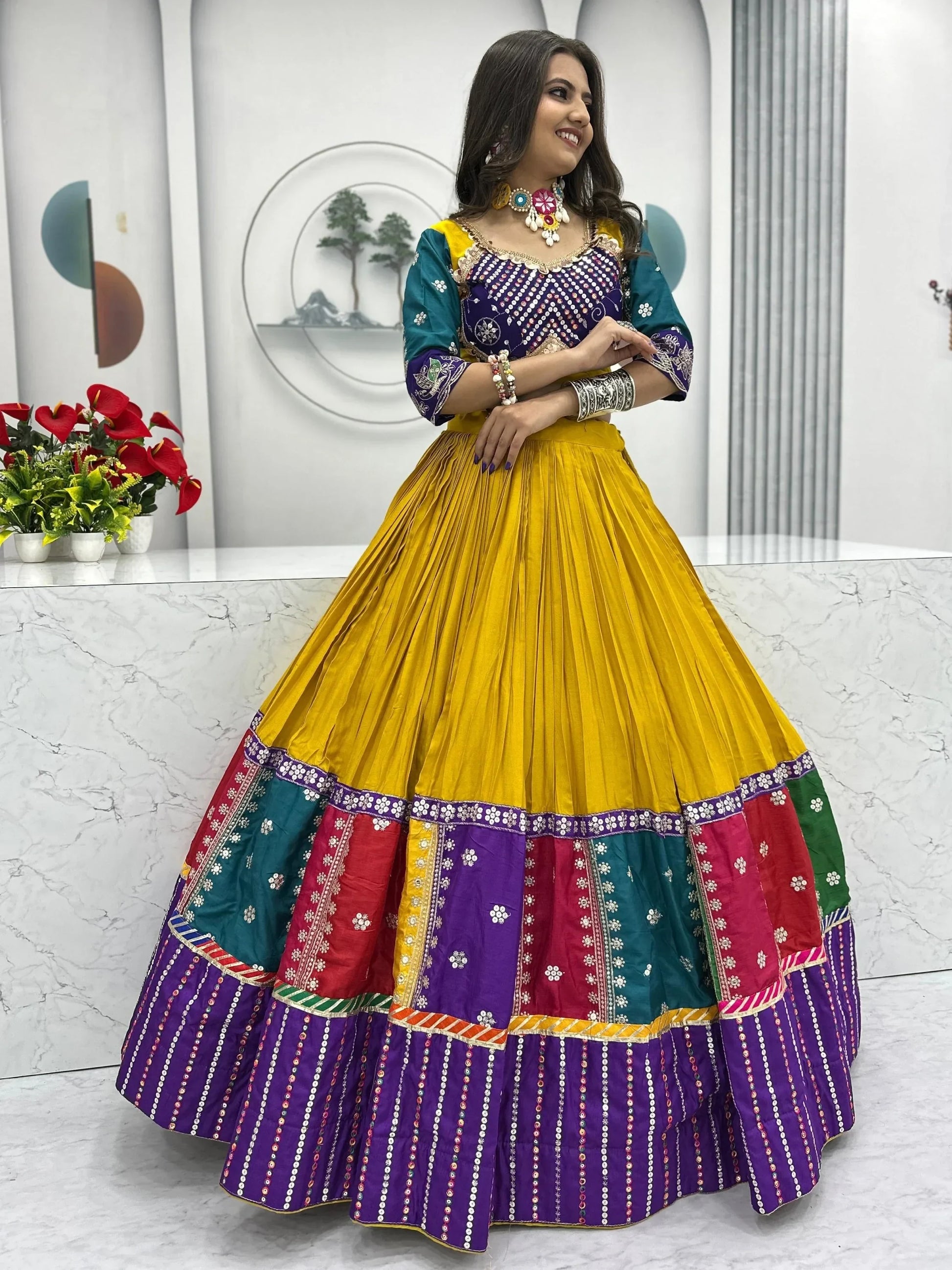 Lovely Mustard Yellow Embroidered Cotton Navratri Wear Lehenga Choli - Zeel Clothing
