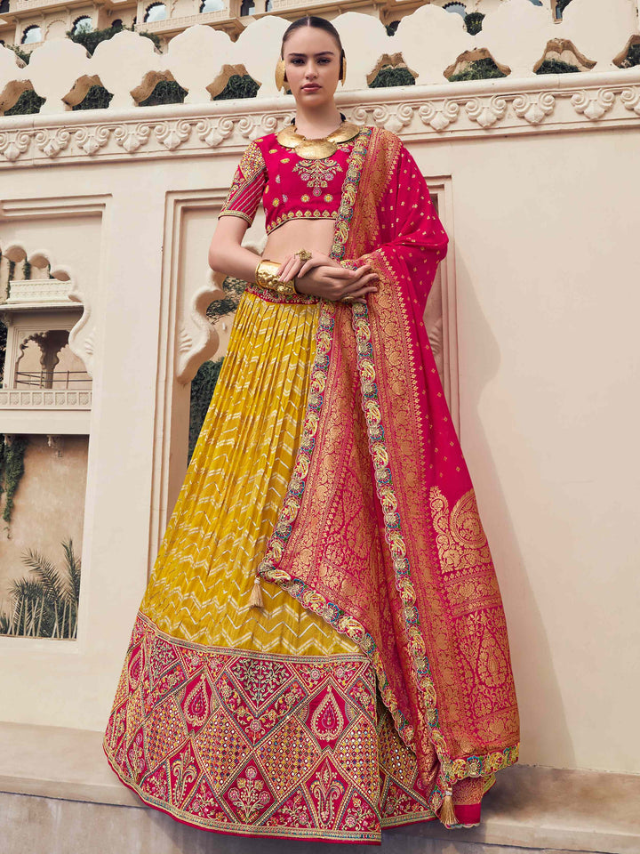 Lovely Mustard Yellow Thread Work Organza Engagement Wear Lehenga Choli