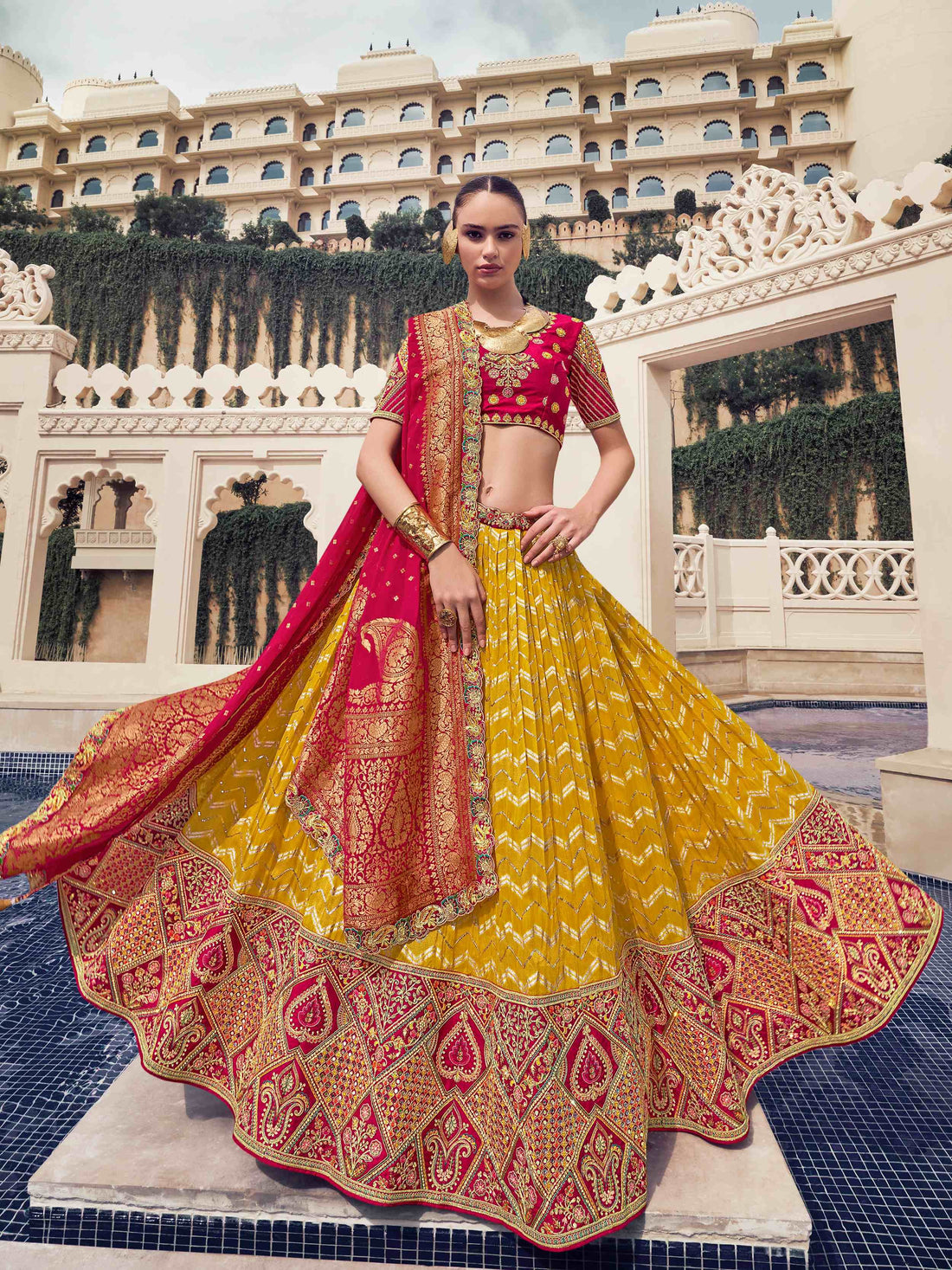 Lovely Mustard Yellow Thread Work Organza Engagement Wear Lehenga Choli