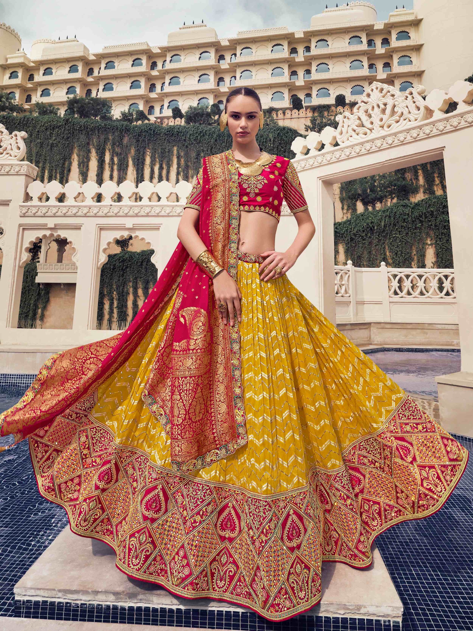 Lovely Mustard Yellow Thread Work Organza Engagement Wear Lehenga Choli
