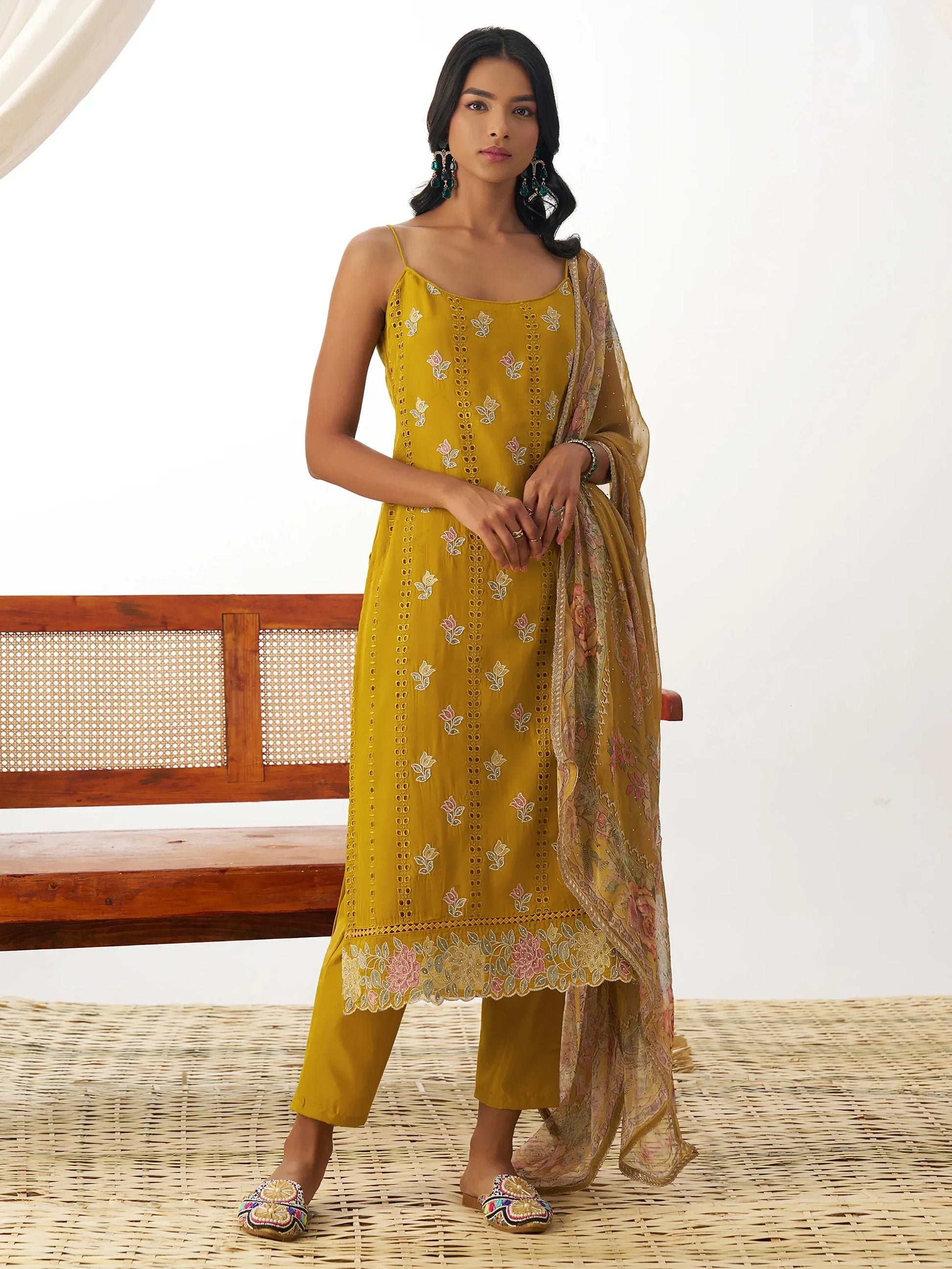 Lovely Mustard Yellow Thread Work Organza Straight Suit With Dupatta - Zeel Clothing