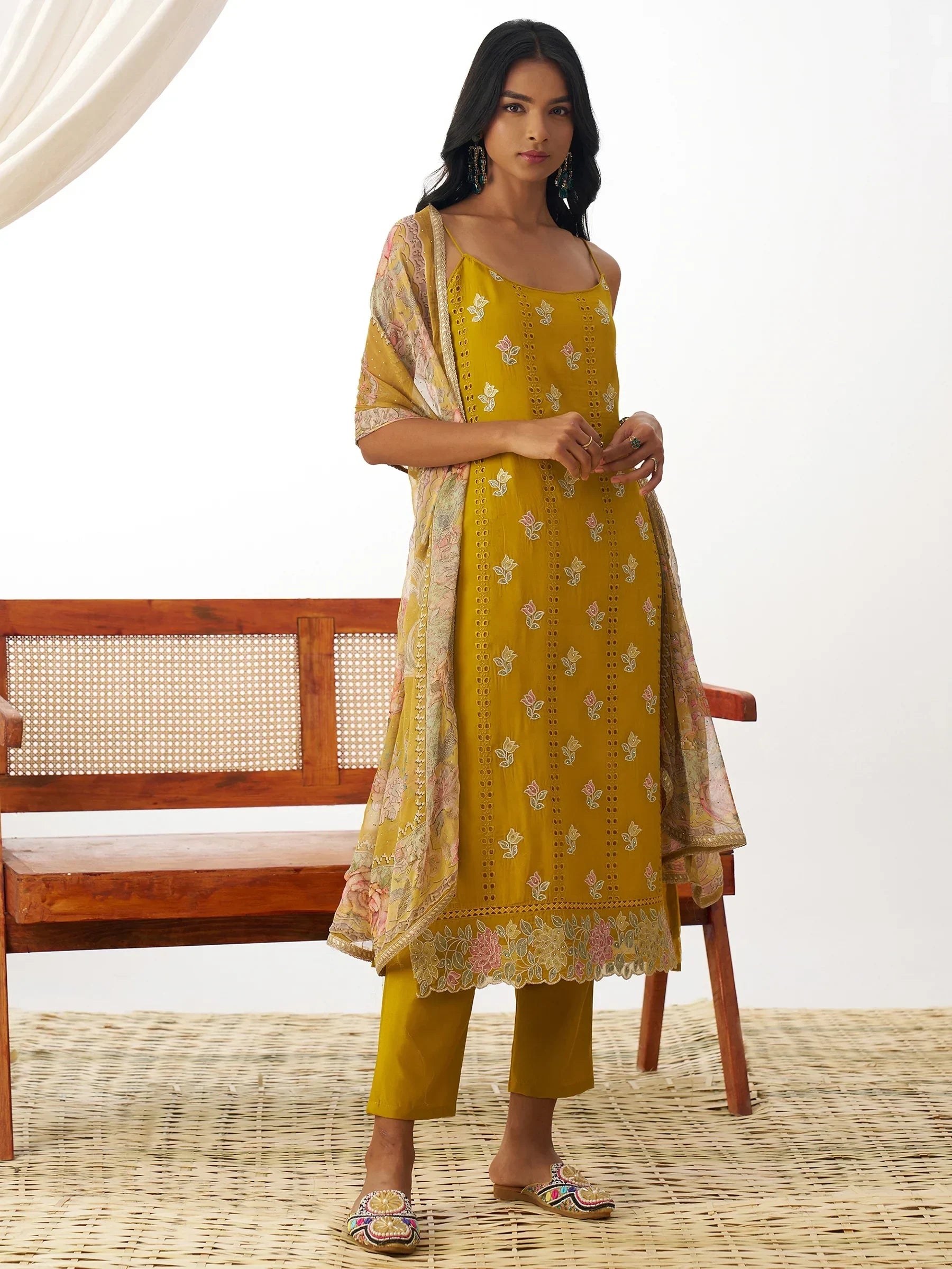 Lovely Mustard Yellow Thread Work Organza Straight Suit With Dupatta - Zeel Clothing