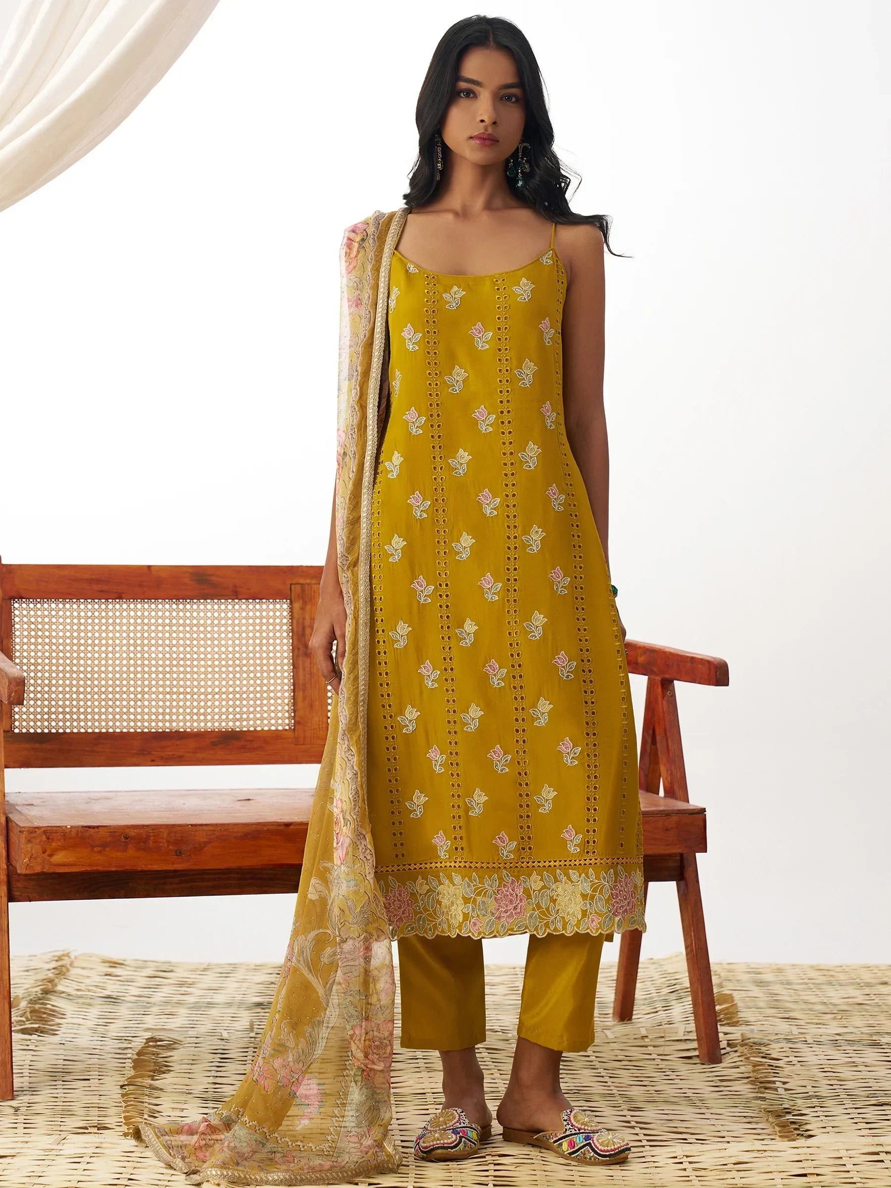 Lovely Mustard Yellow Thread Work Organza Straight Suit With Dupatta - Zeel Clothing