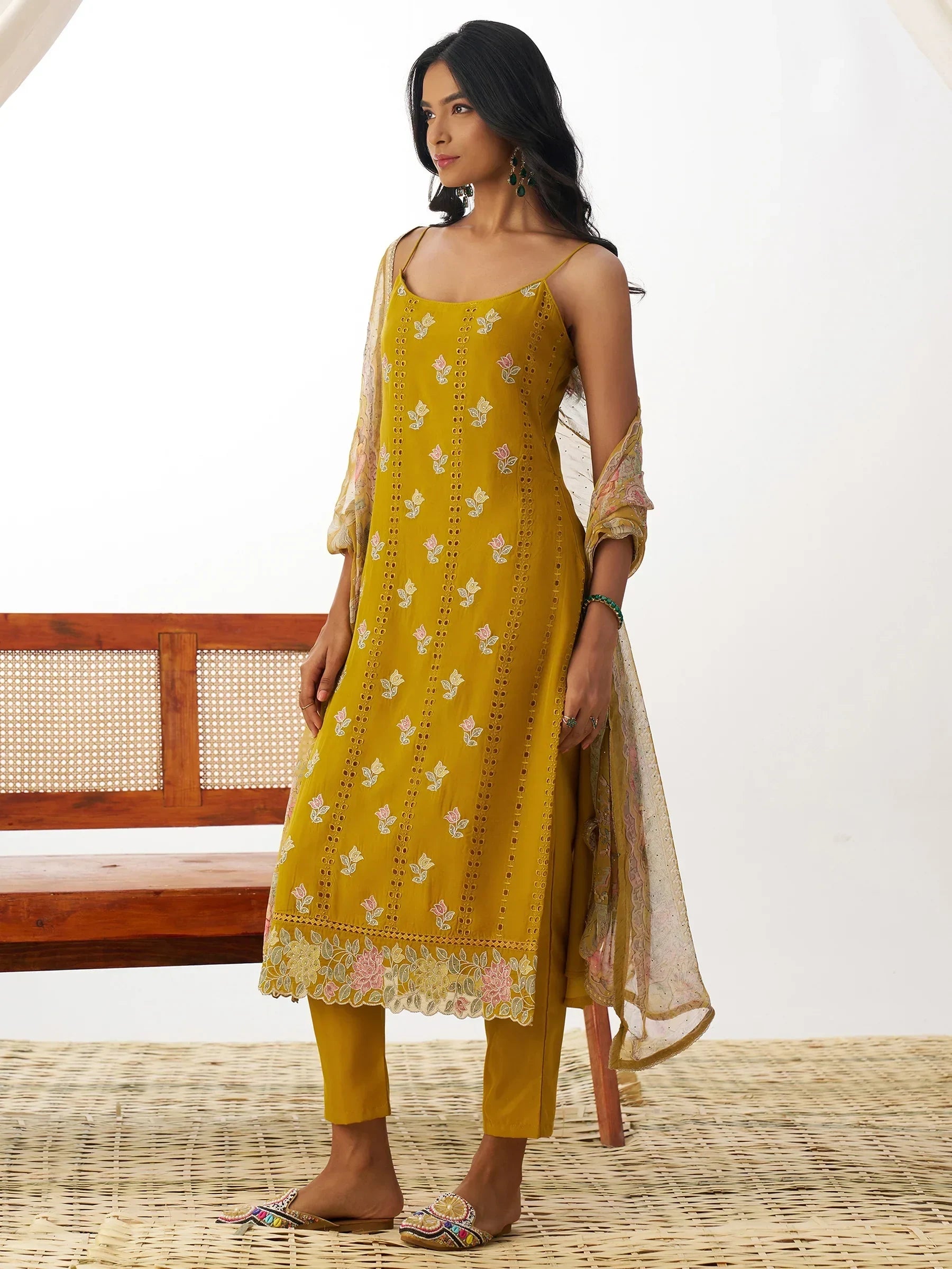 Lovely Mustard Yellow Thread Work Organza Straight Suit With Dupatta - Zeel Clothing