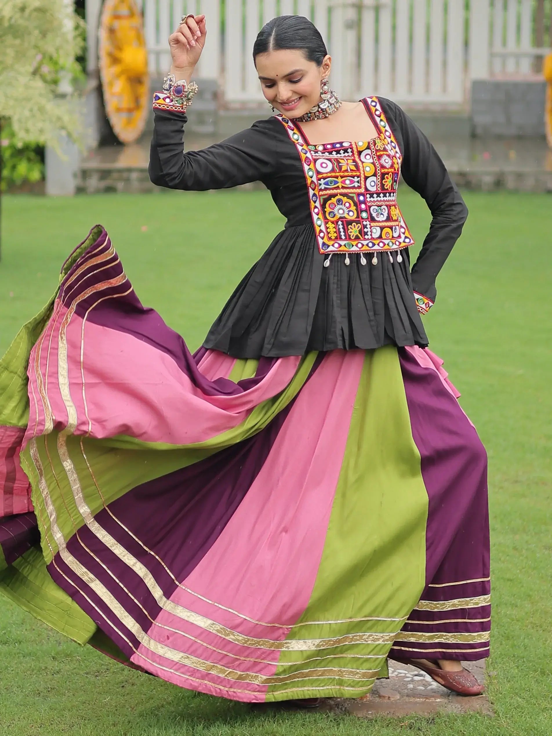 Lovely Muti-Color Rayon Festive Wear Lehenga With Gamthi Work Peplum Top - Zeel Clothing