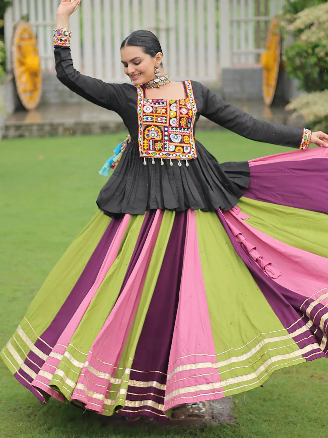 Lovely Muti-Color Rayon Festive Wear Lehenga With Gamthi Work Peplum Top - Zeel Clothing