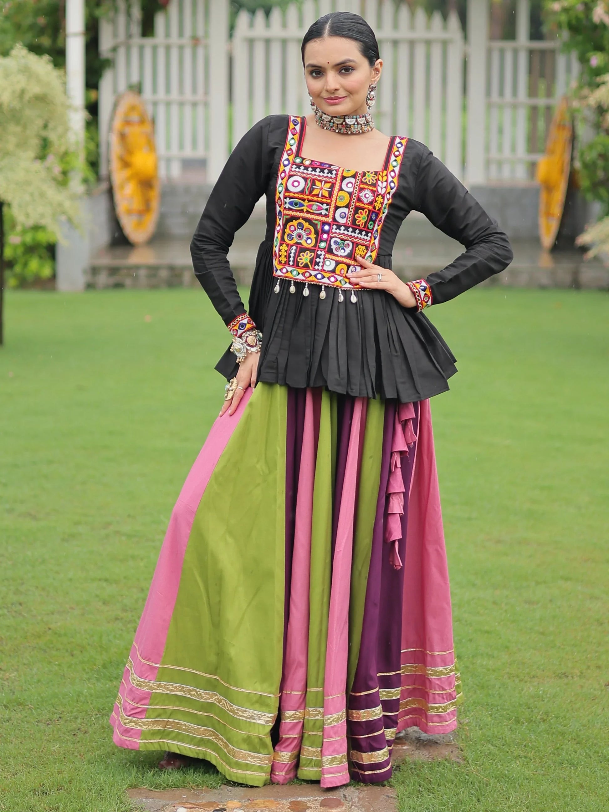Lovely Muti-Color Rayon Festive Wear Lehenga With Gamthi Work Peplum Top - Zeel Clothing