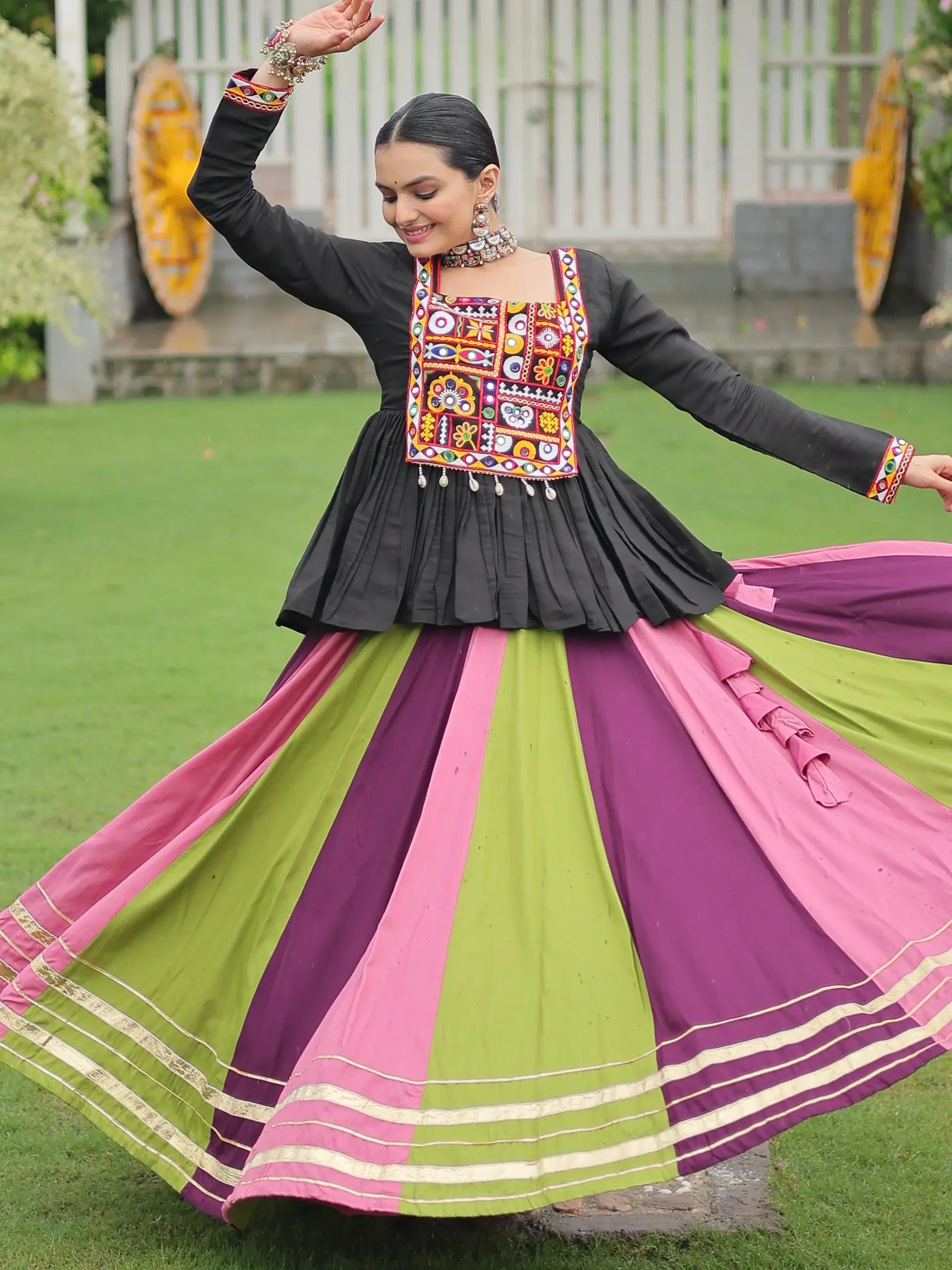 Lovely Muti-Color Rayon Festive Wear Lehenga With Gamthi Work Peplum Top - Zeel Clothing