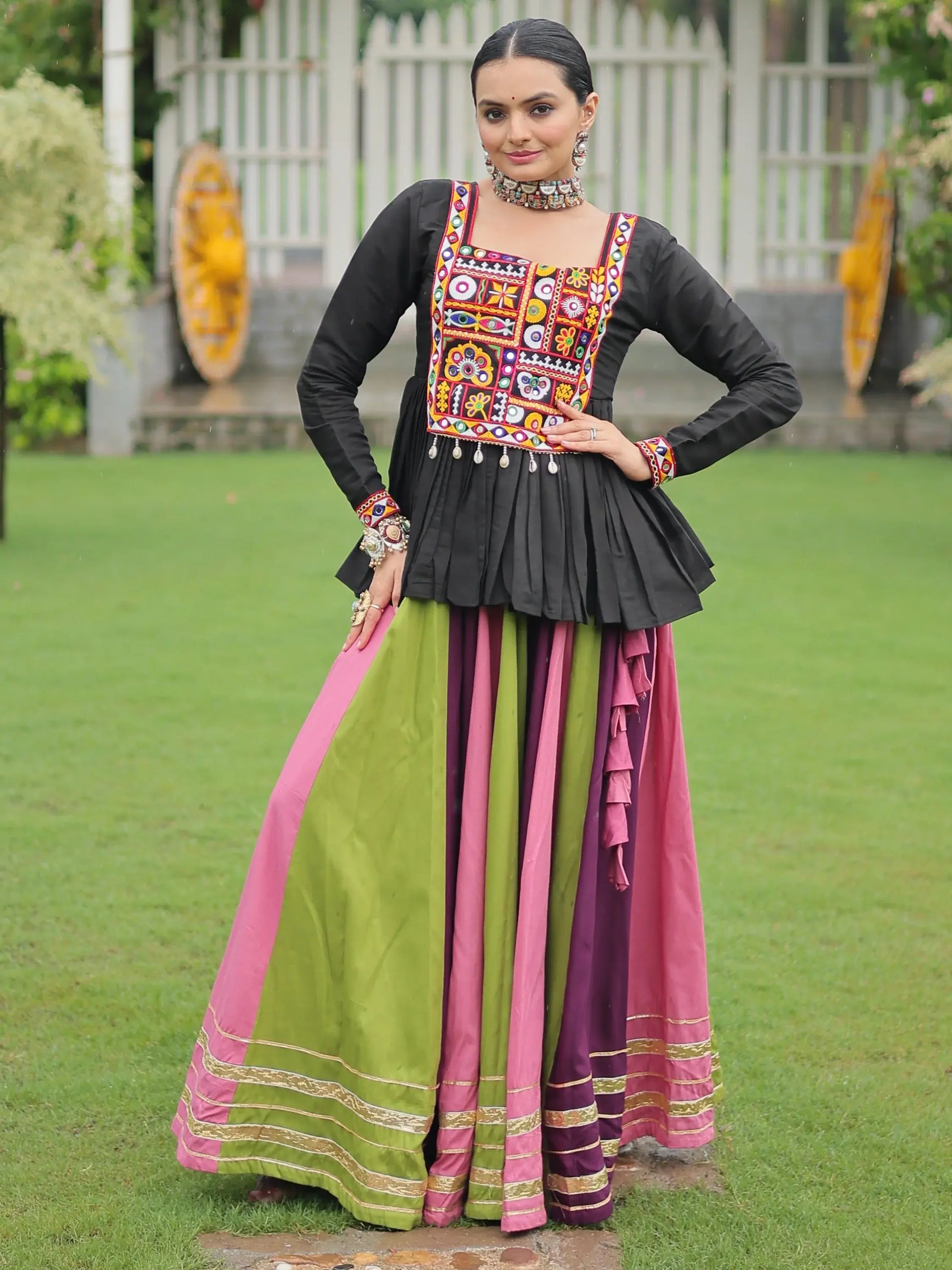 Lovely Muti-Color Rayon Festive Wear Lehenga With Gamthi Work Peplum Top - Zeel Clothing