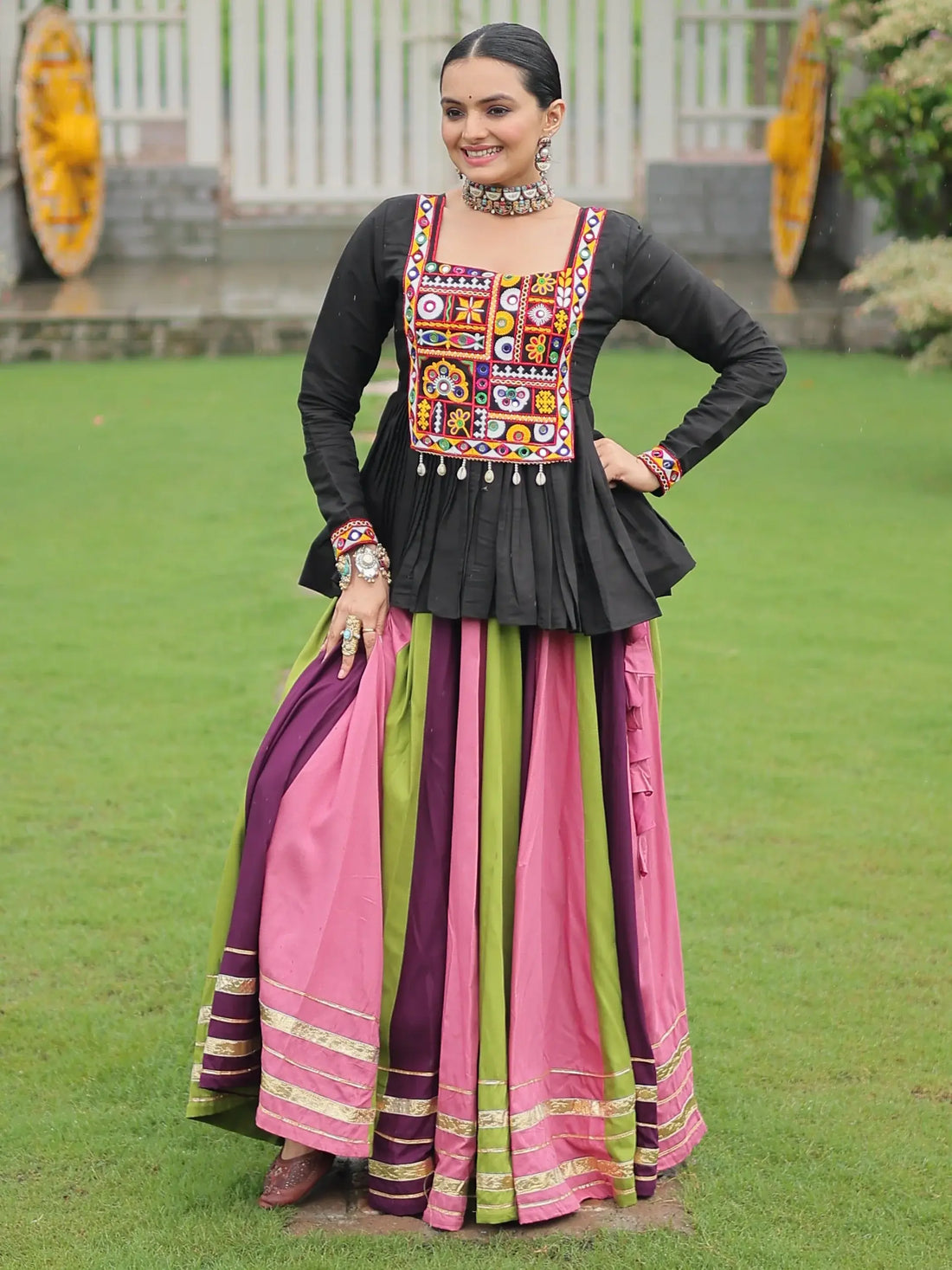Lovely Muti-Color Rayon Festive Wear Lehenga With Gamthi Work Peplum Top - Zeel Clothing