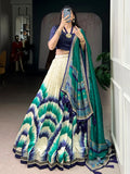 Lovely Navy Blue Printed Tussar Silk Traditional Lehenga Choli With Dupatta