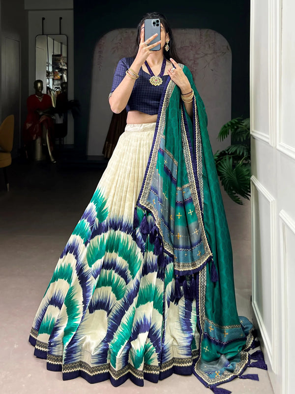 Lovely Navy Blue Printed Tussar Silk Traditional Lehenga Choli With Dupatta