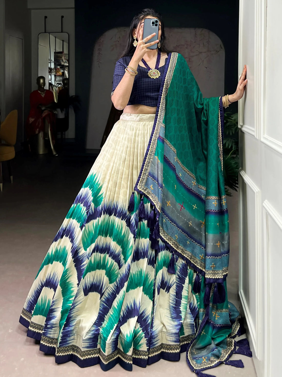 Lovely Navy Blue Printed Tussar Silk Traditional Lehenga Choli With Dupatta
