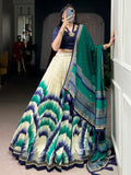 Lovely Navy Blue Printed Tussar Silk Traditional Lehenga Choli With Dupatta