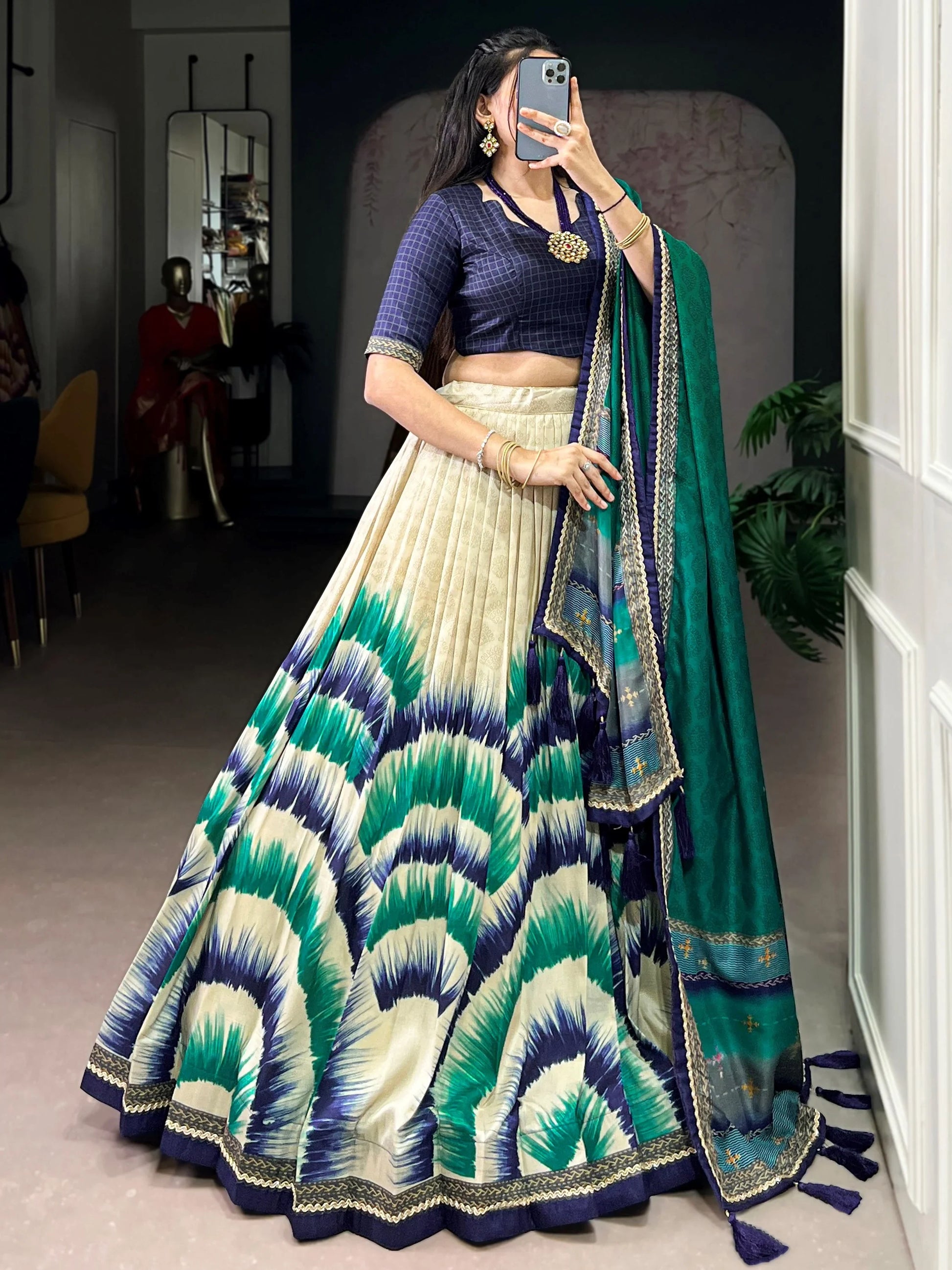 Lovely Navy Blue Printed Tussar Silk Traditional Lehenga Choli With Dupatta
