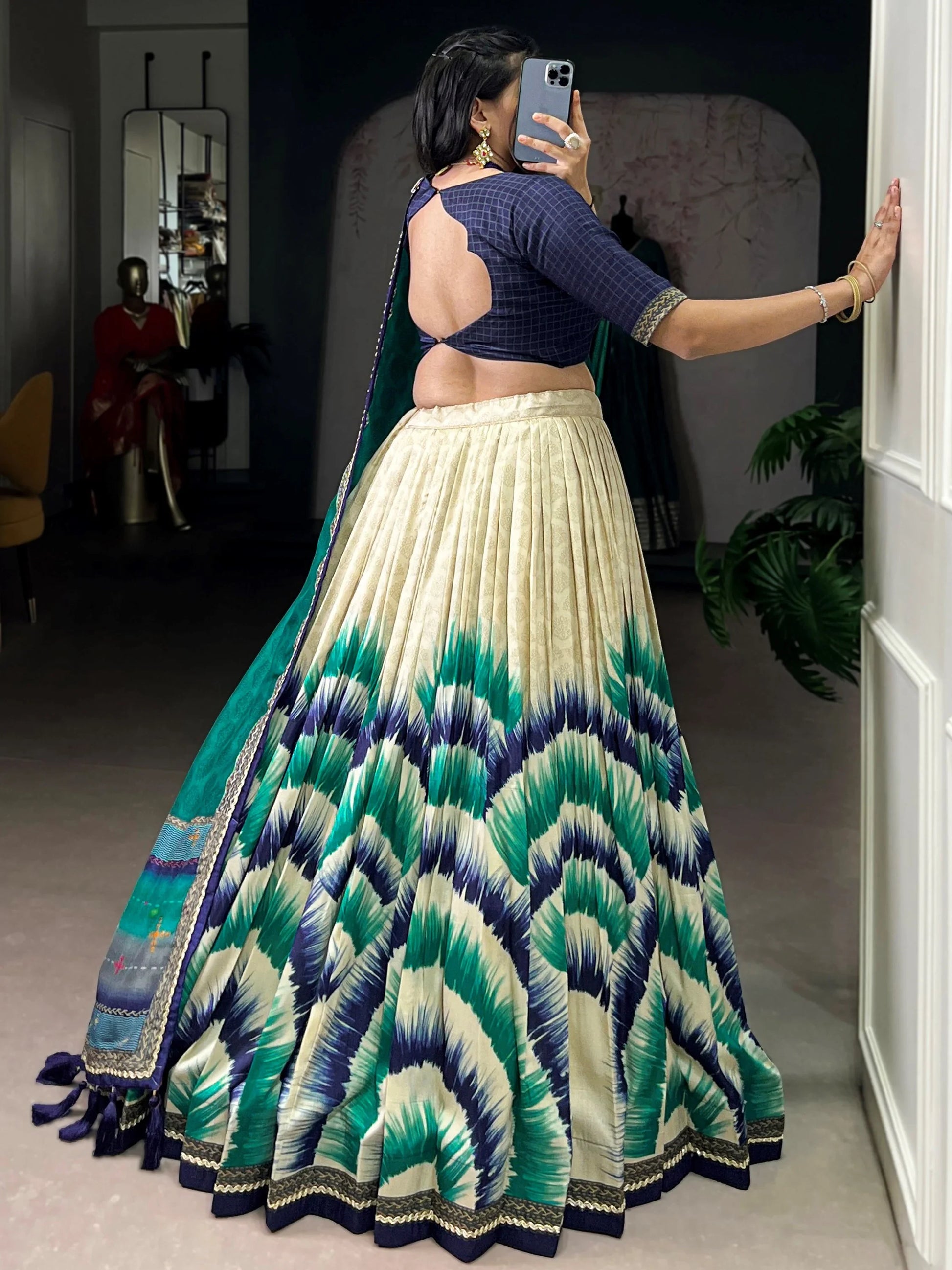 Lovely Navy Blue Printed Tussar Silk Traditional Lehenga Choli With Dupatta