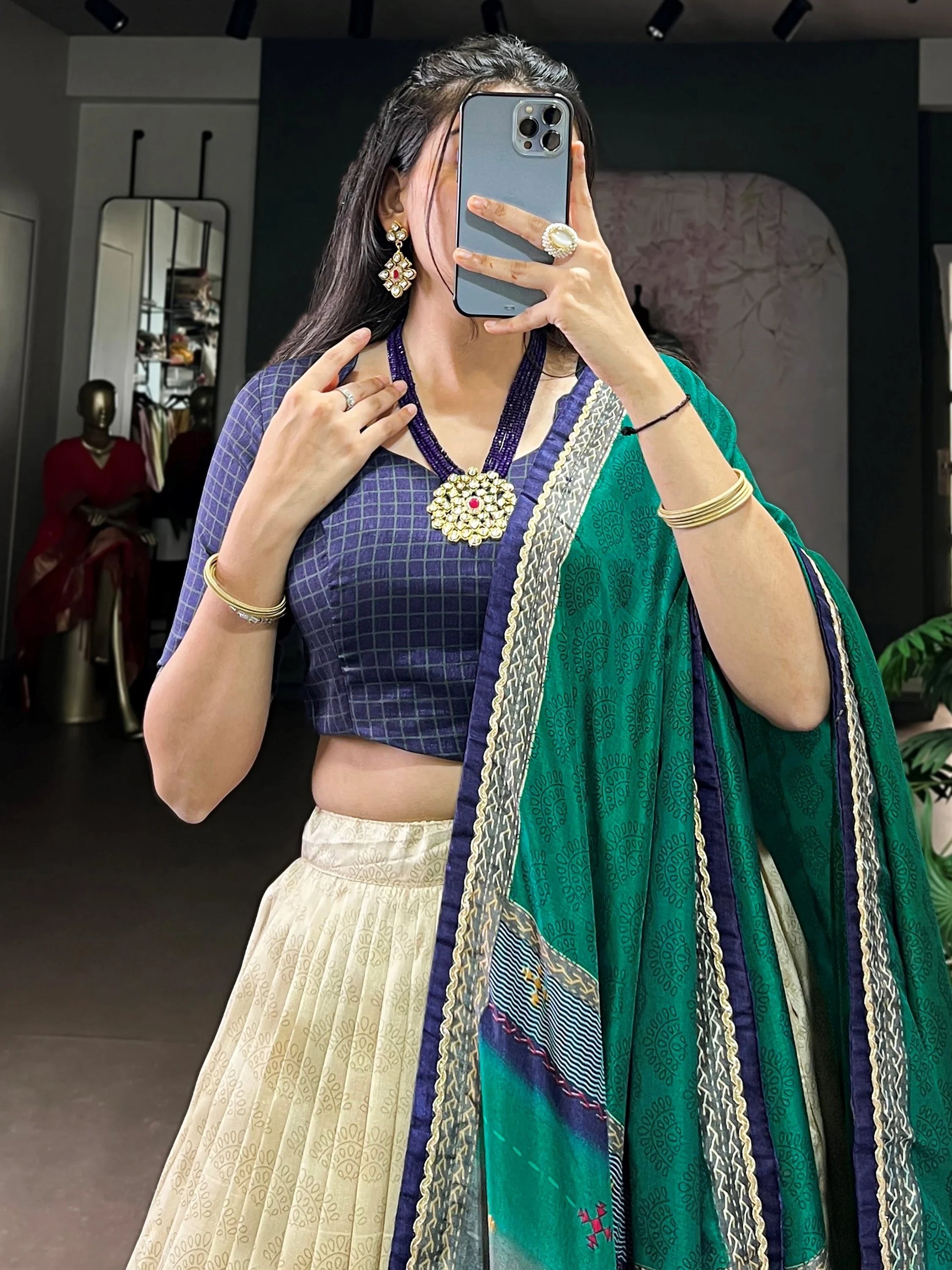 Lovely Navy Blue Printed Tussar Silk Traditional Lehenga Choli With Dupatta