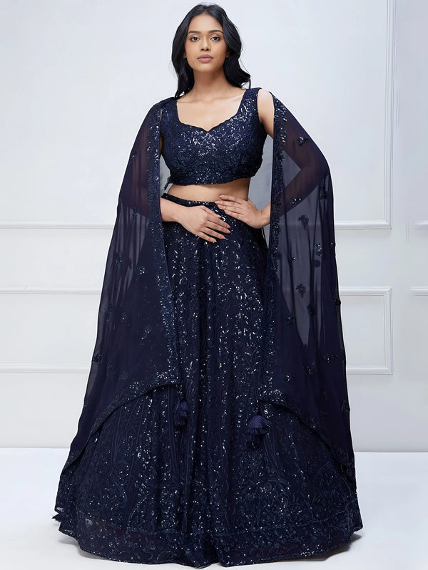 Lovely Navy Blue Sequins Georgette Engagement Wear Lehenga Choli