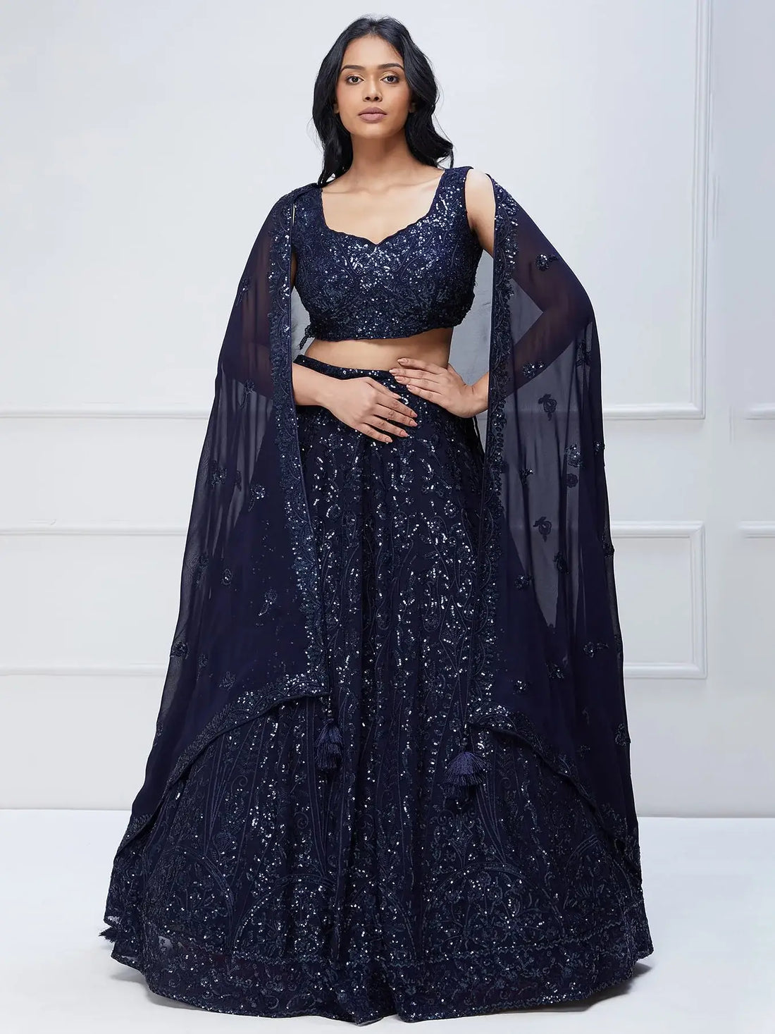 Lovely Navy Blue Sequins Georgette Engagement Wear Lehenga Choli - Zeel Clothing