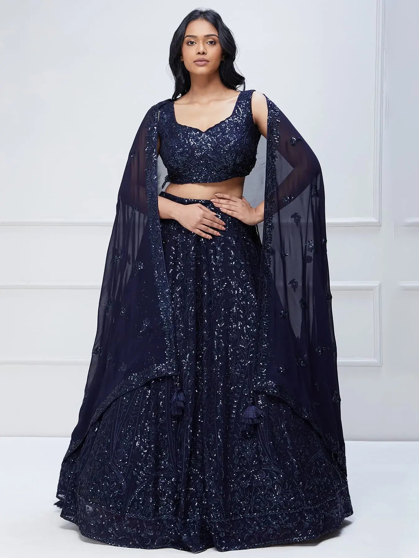 Lovely Navy Blue Sequins Georgette Engagement Wear Lehenga Choli - Zeel Clothing